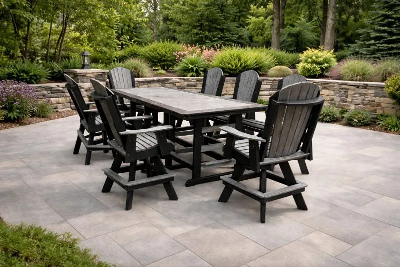 Custom tables with fire pit and umbrella options